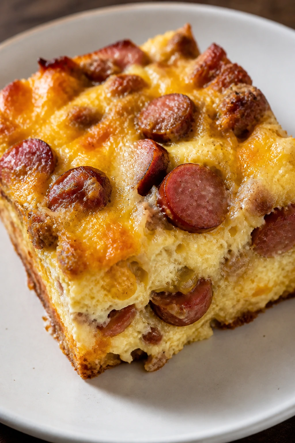 Close-up of smoked sausage breakfast casserole slice on plate