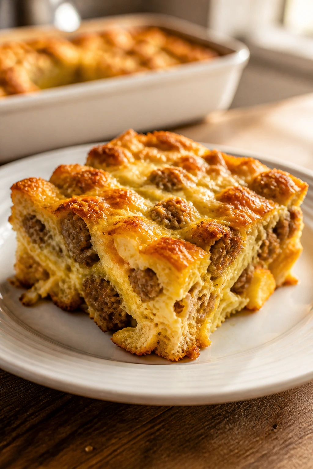 Close-up of sausage breakfast casserole square on plate