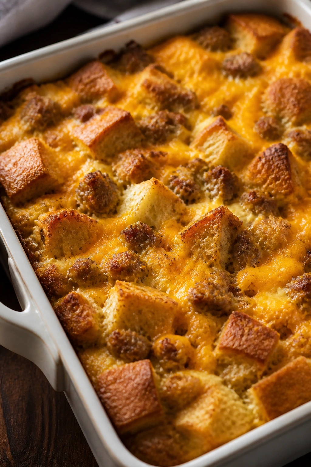 Casserole dish with sausage, bread, and cheddar baked to a golden top.