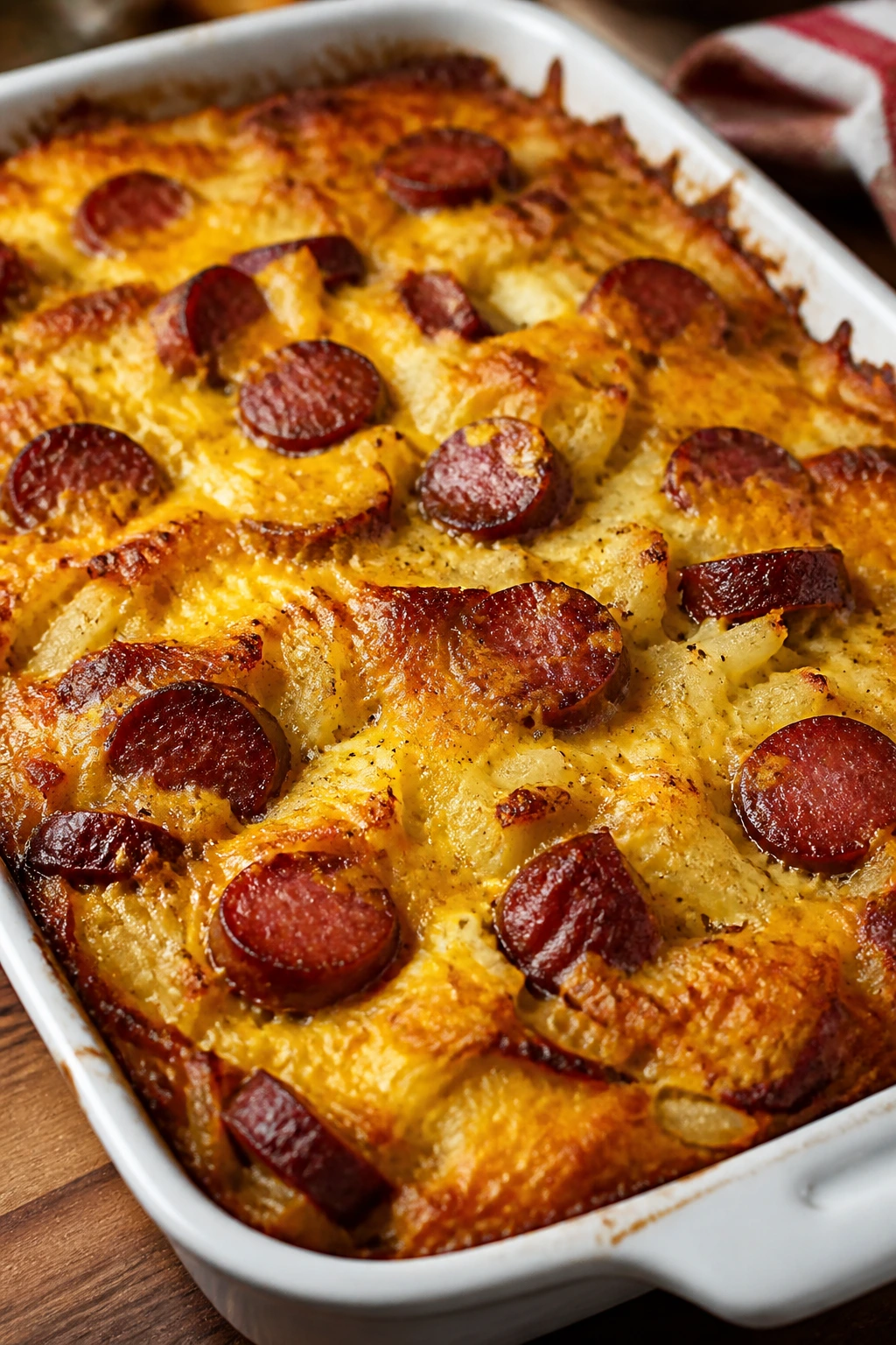 Close-up of smoked sausage breakfast casserole with hash browns