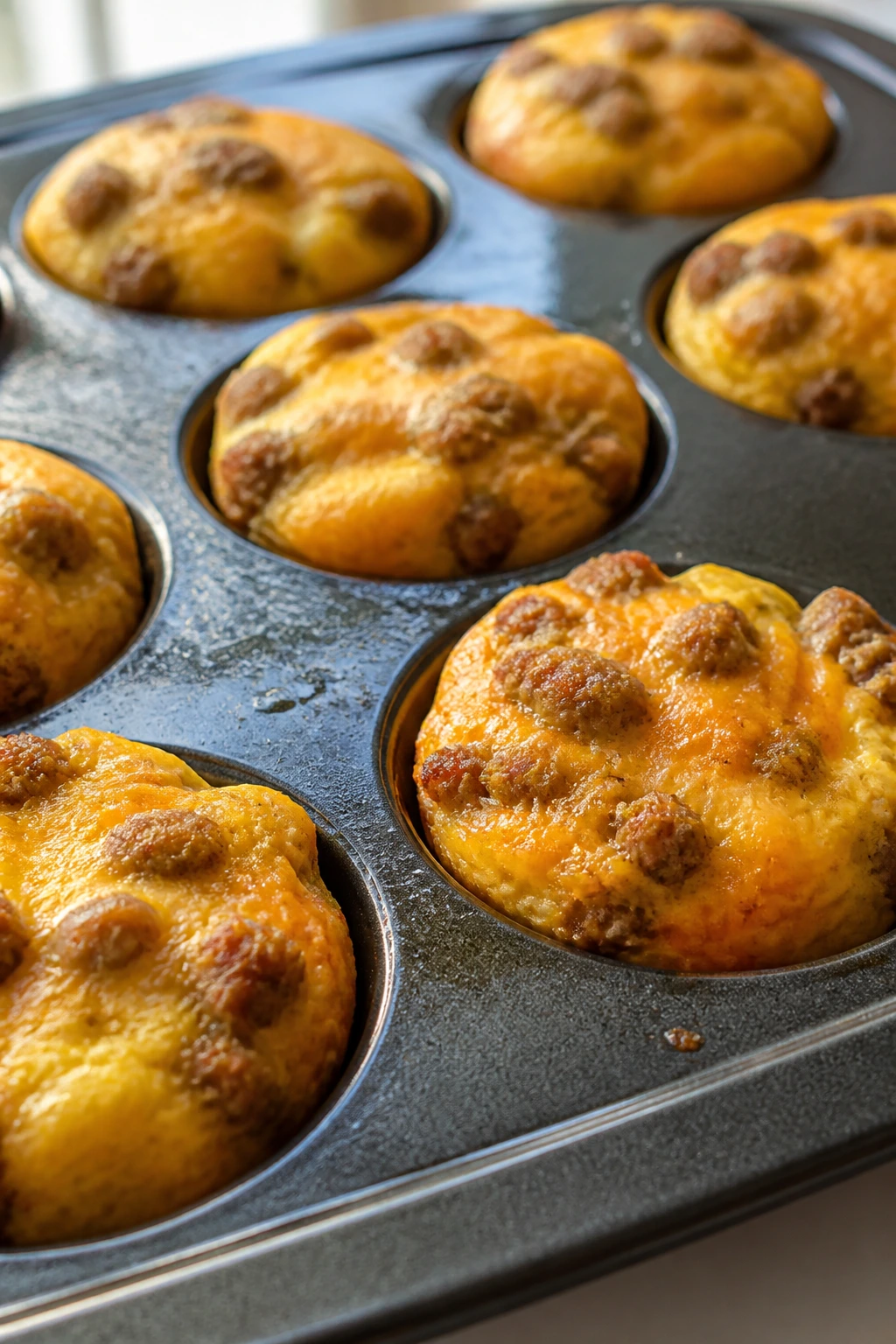 Golden sausage breakfast muffins in a muffin tin