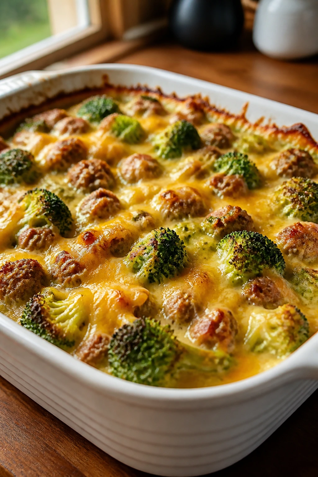 Close-up of broccoli cheddar sausage bake bubbling in a white dish