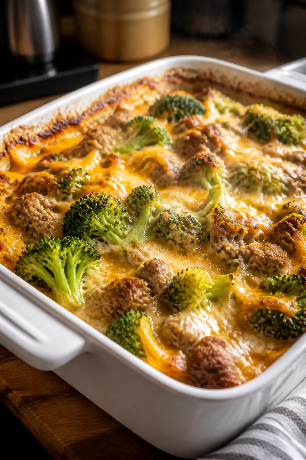 Bubbling broccoli cheddar casserole with sausage in a baking dish