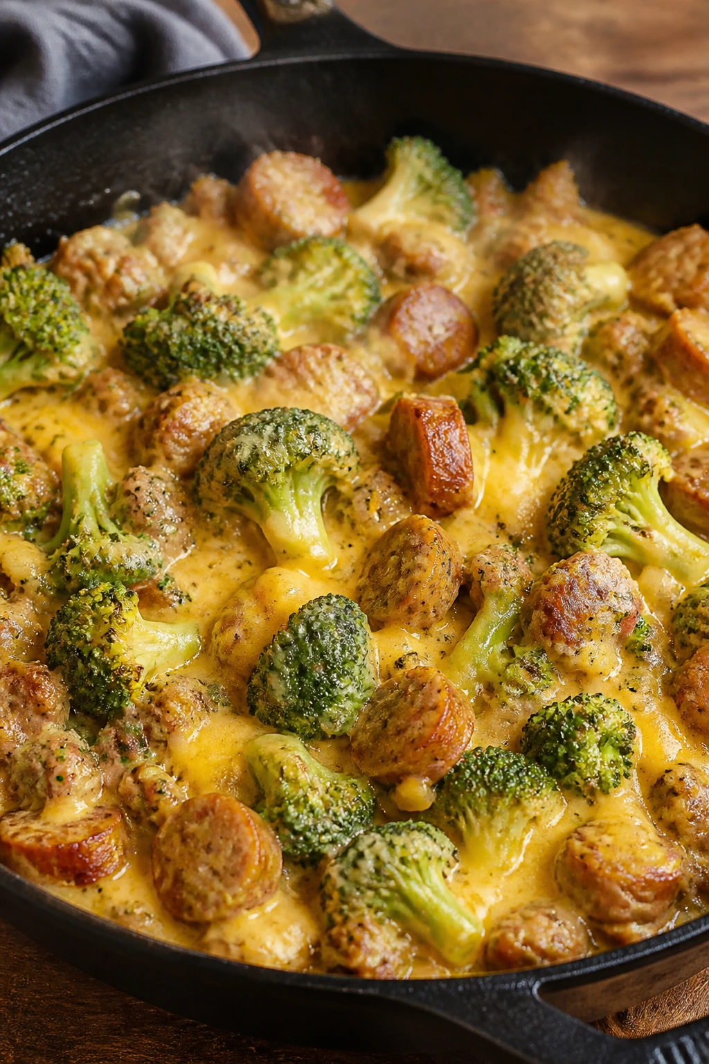 Sausage and broccoli cheddar skillet in a pan