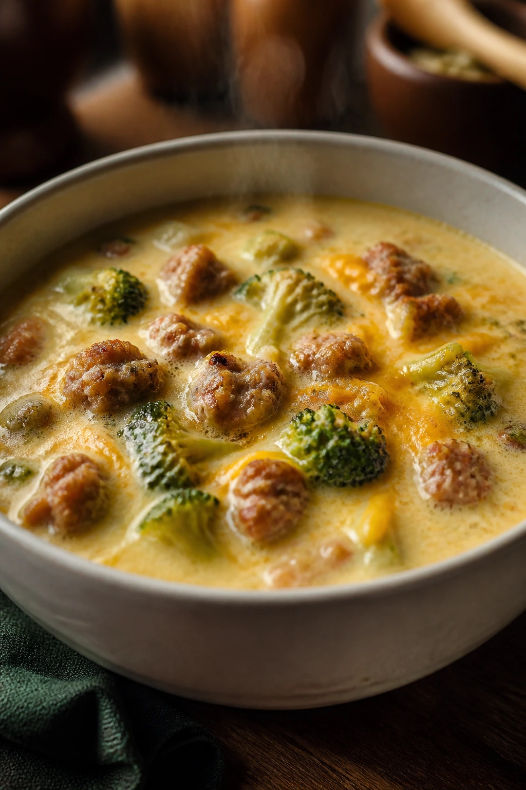 Bowl of sausage broccoli cheddar soup