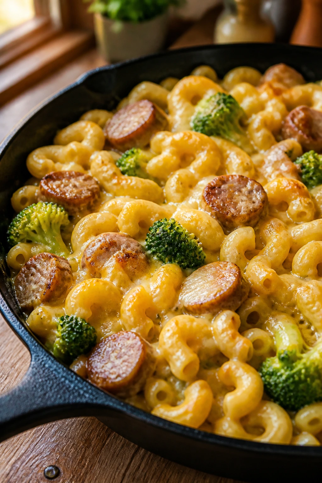 Close-up of creamy sausage broccoli mac and cheese in a cast-iron skillet