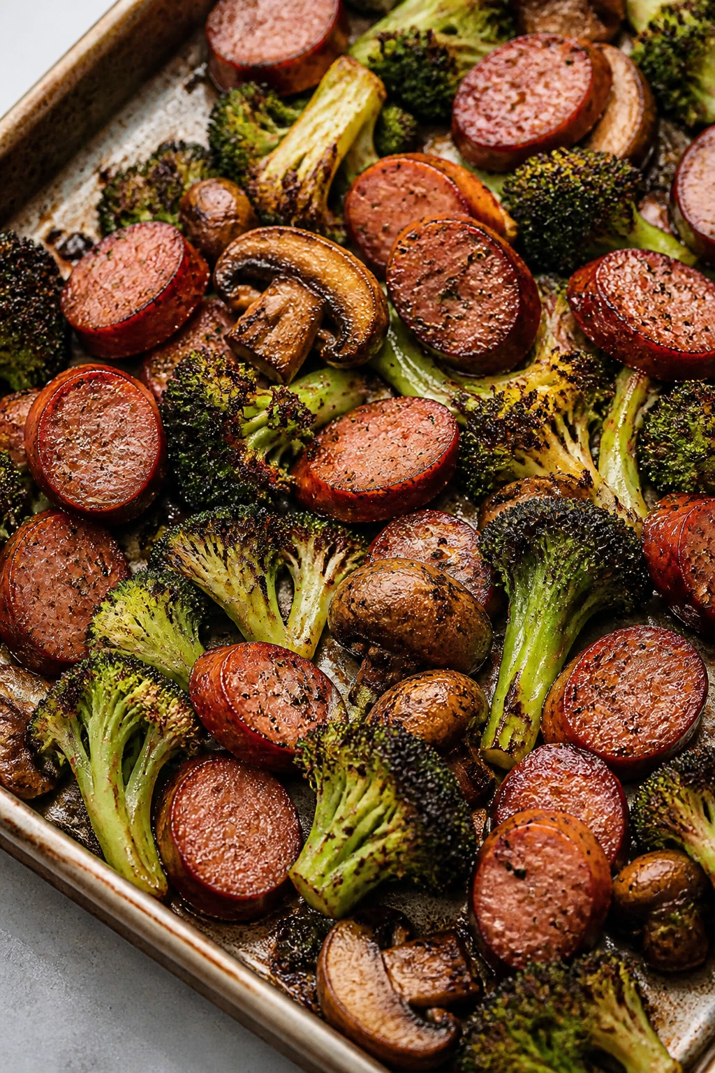 Sheet-pan sausage with broccoli and mushrooms roasted to perfection