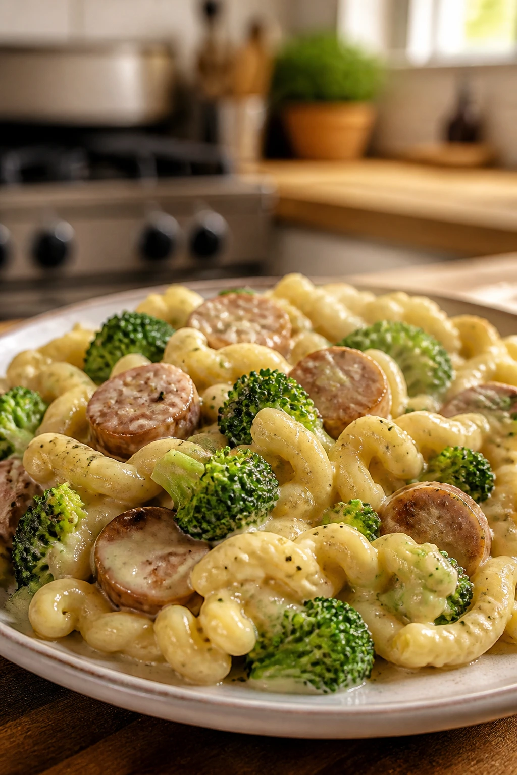 Close-up of sausage and broccoli pasta in a cozy kitchen