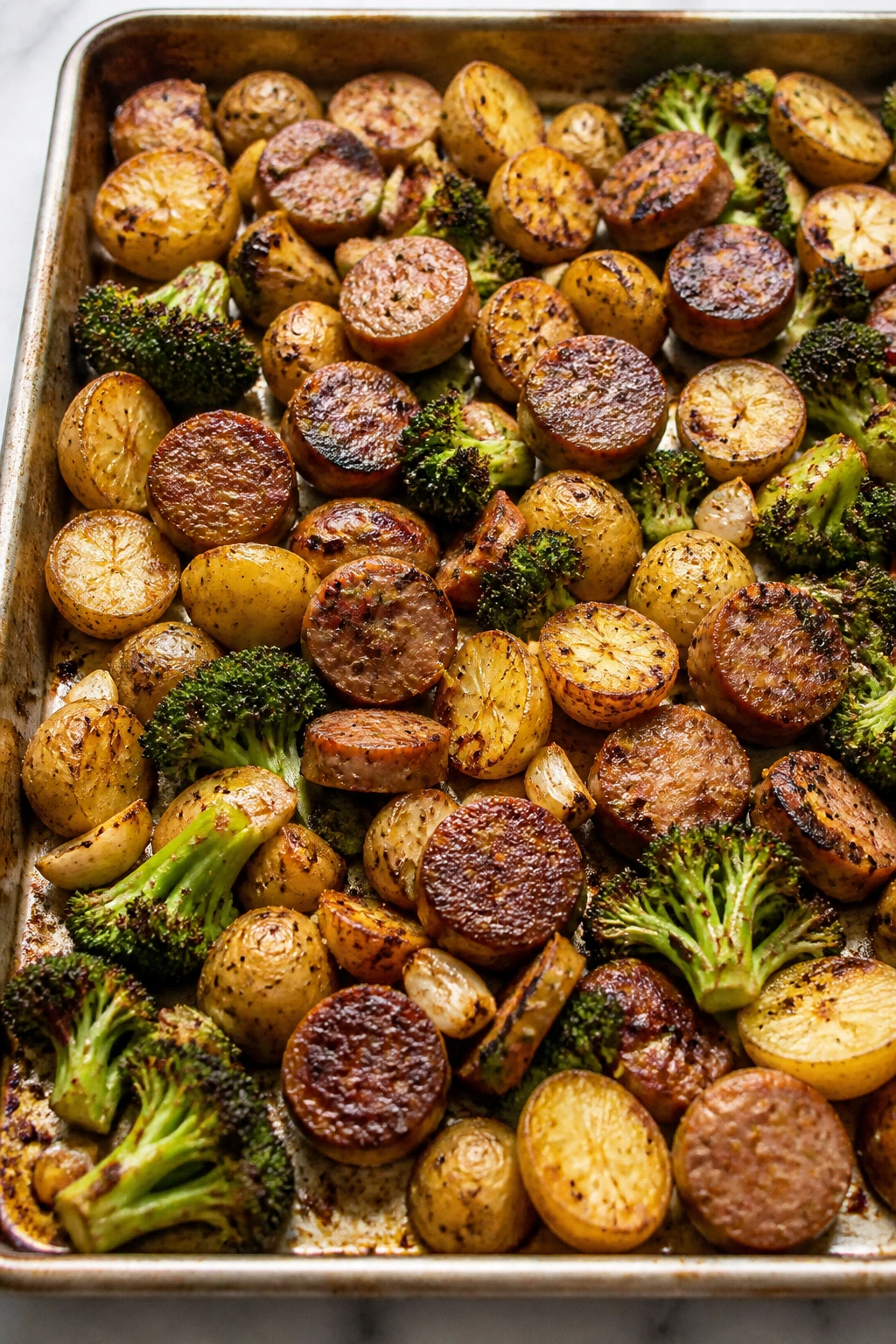 Top-down sheet pan with sausage, broccoli, and baby potatoes in a bright kitchen
