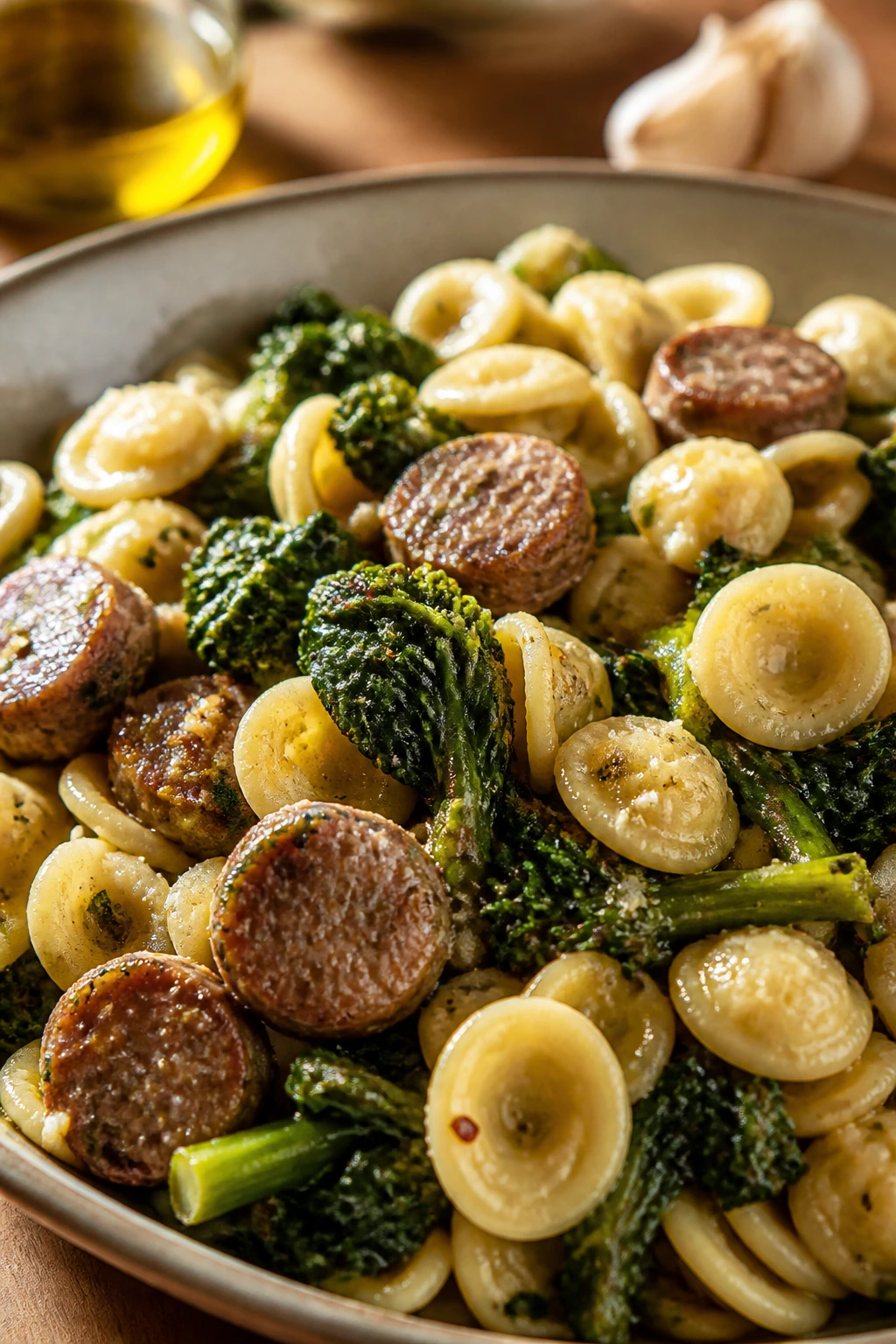 Pasta with sausage and broccoli rabe in garlic oil
