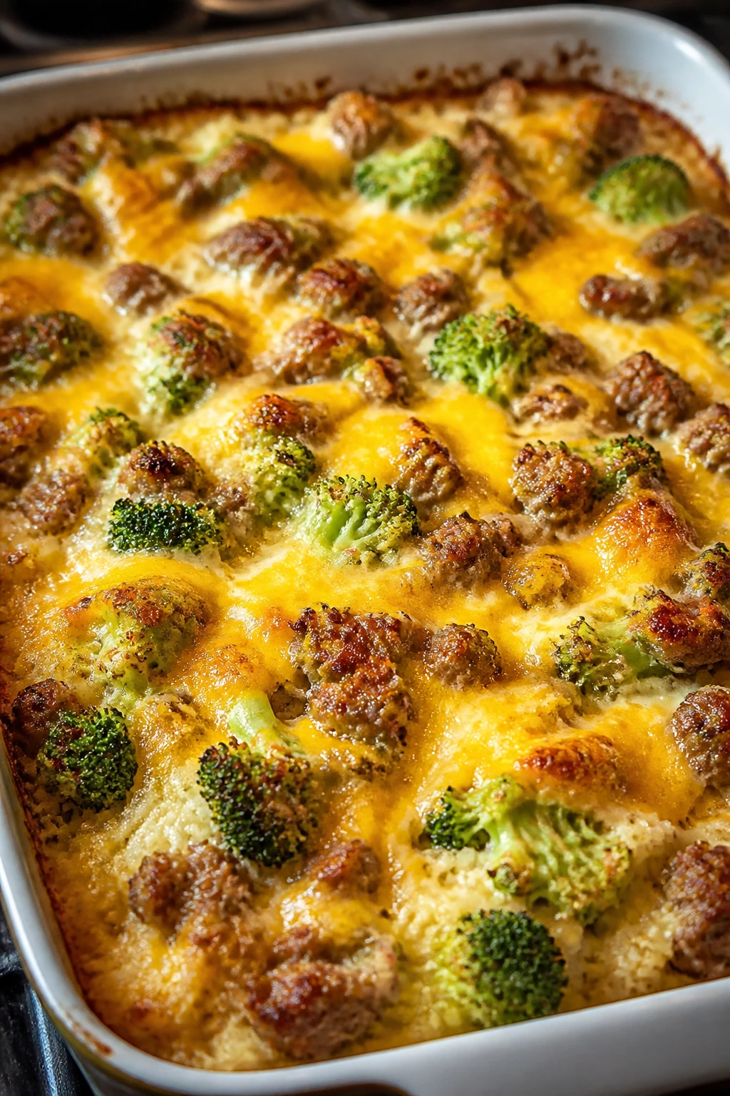Creamy cheesy sausage broccoli rice bake fresh from the oven in a baking dish.