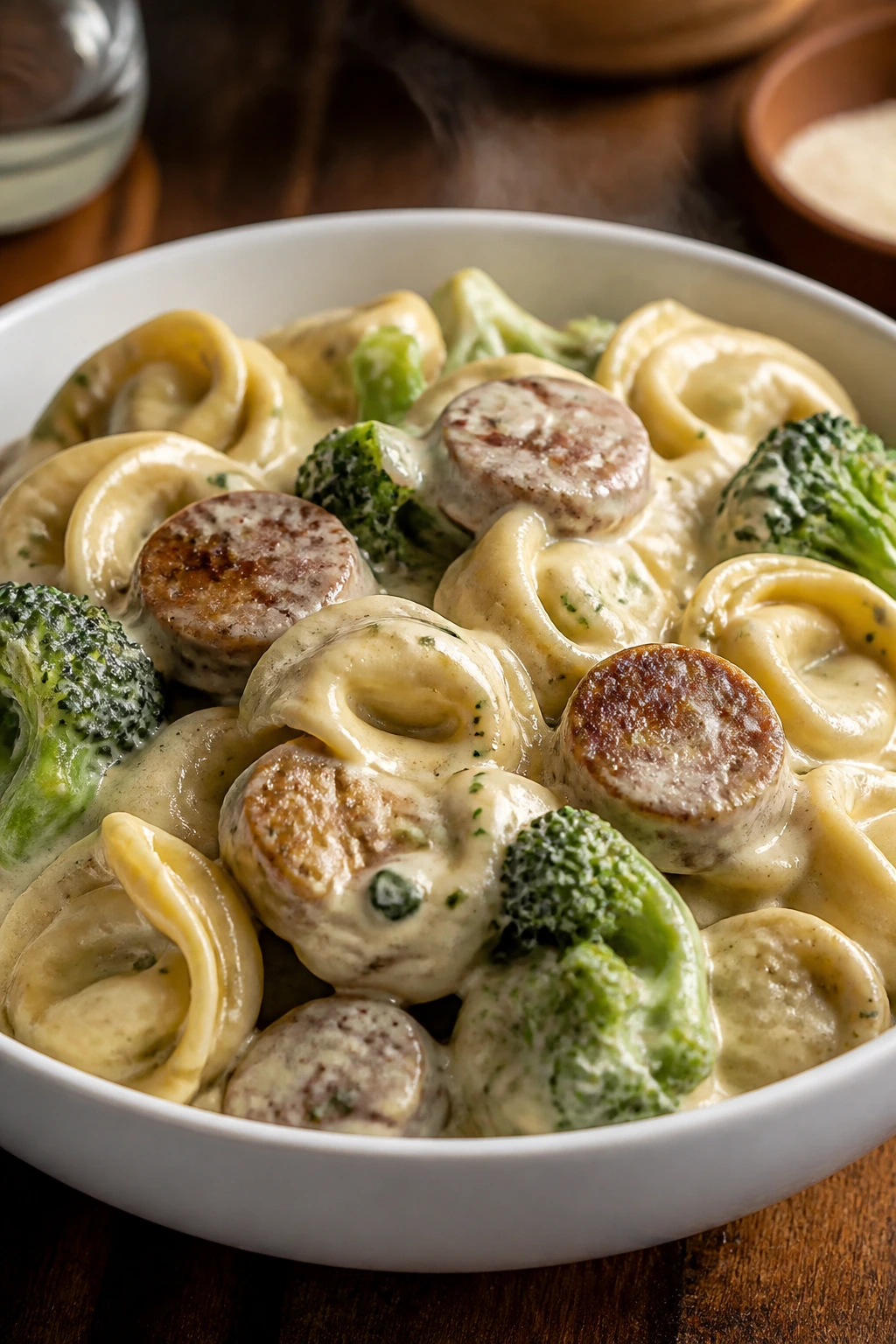 Close-up of sausage broccoli tortellini Alfredo in a white bowl