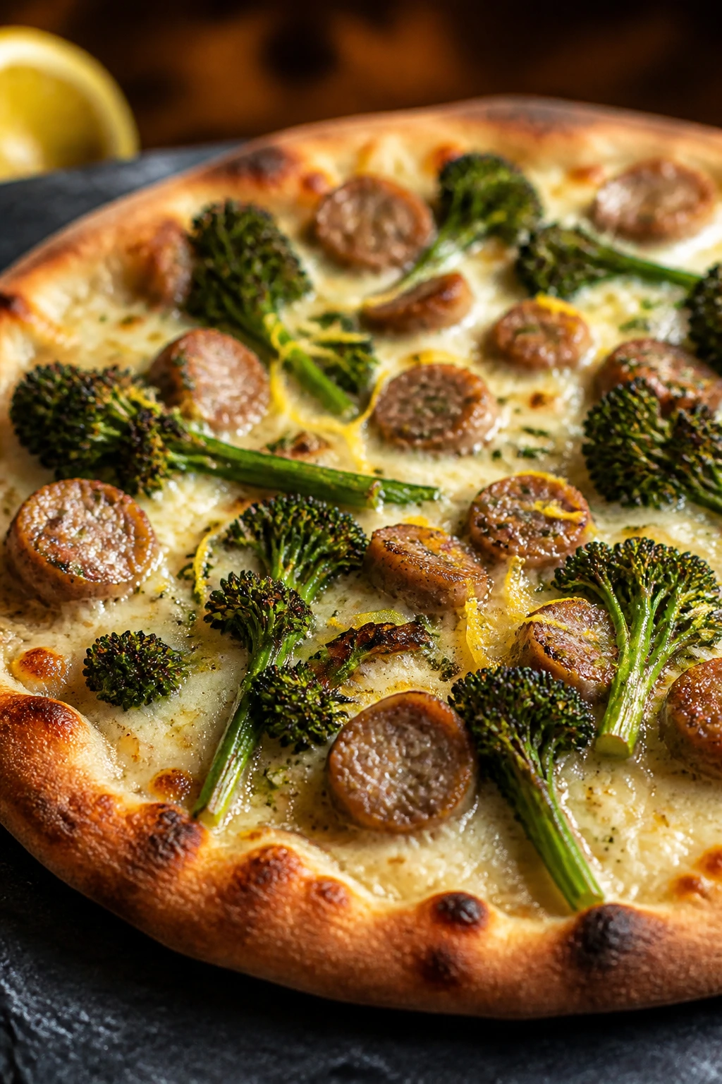 Close-up of Sausage, Broccolini, and Lemon Pizza