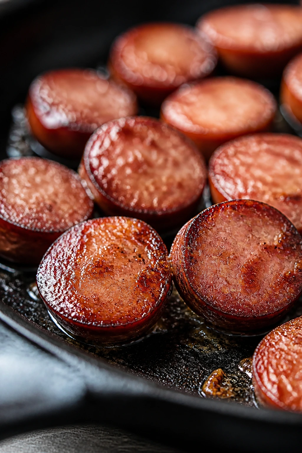 Close-up of beef smoked sausage coins browning in a skillet