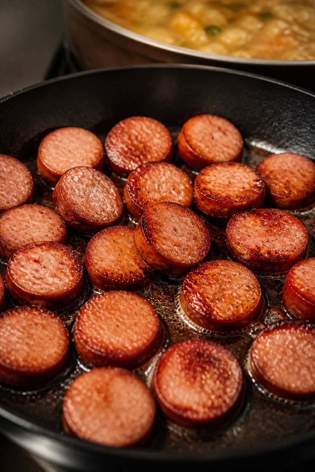 Close-up of browned sausage coins in a pan