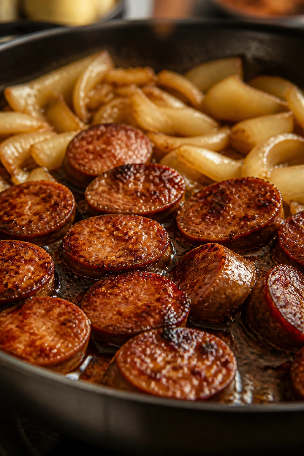 Close-up of browned sausage with glaze forming in a pan