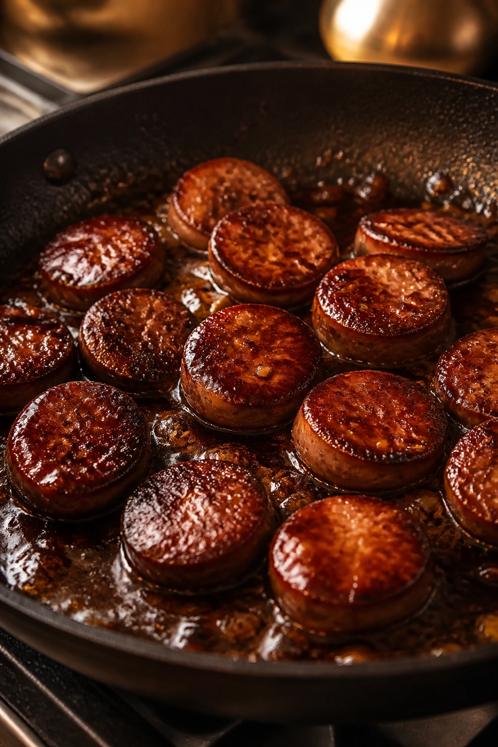 Sausage browning in skillet with glaze forming