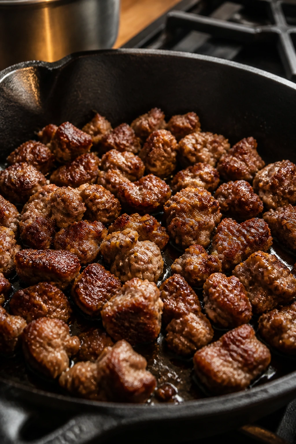 Sausage browning in a cast-iron skillet with a rich brown crust