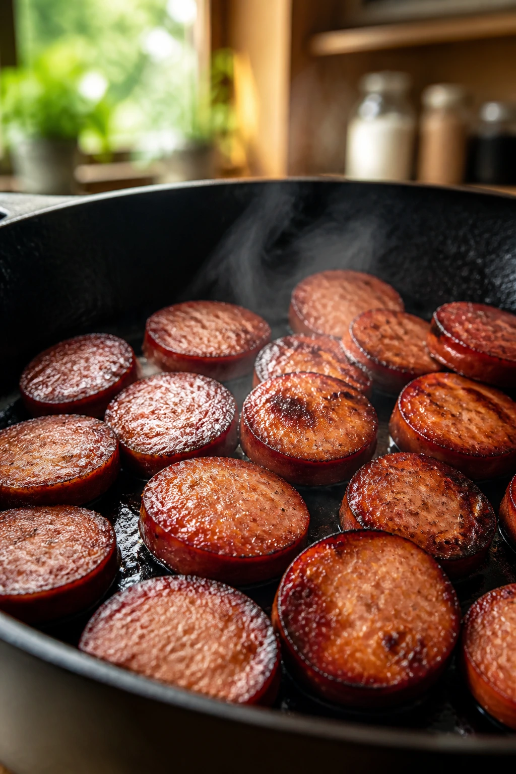Close-up of a skillet with a single layer of browned smoked sausage slices
