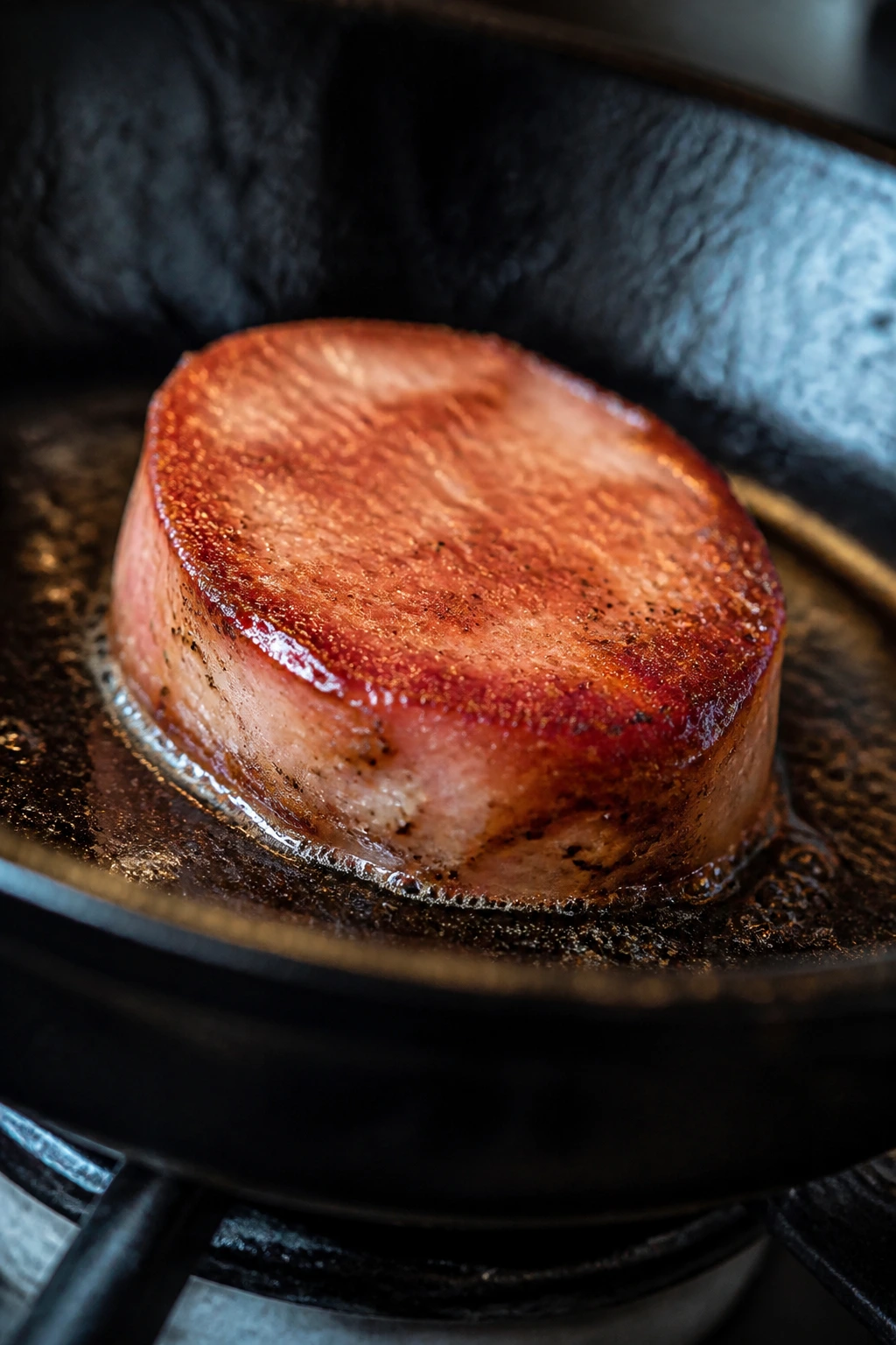Sausage slice browning face-down in a hot skillet, crust forming