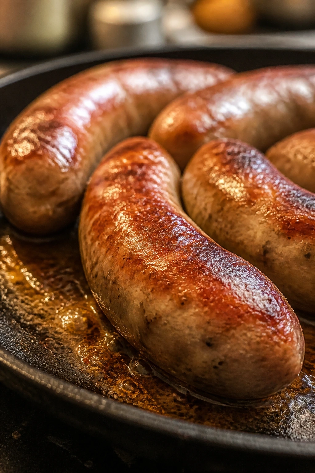 Close-up of thick sausage links browning in a skillet with rendered fat