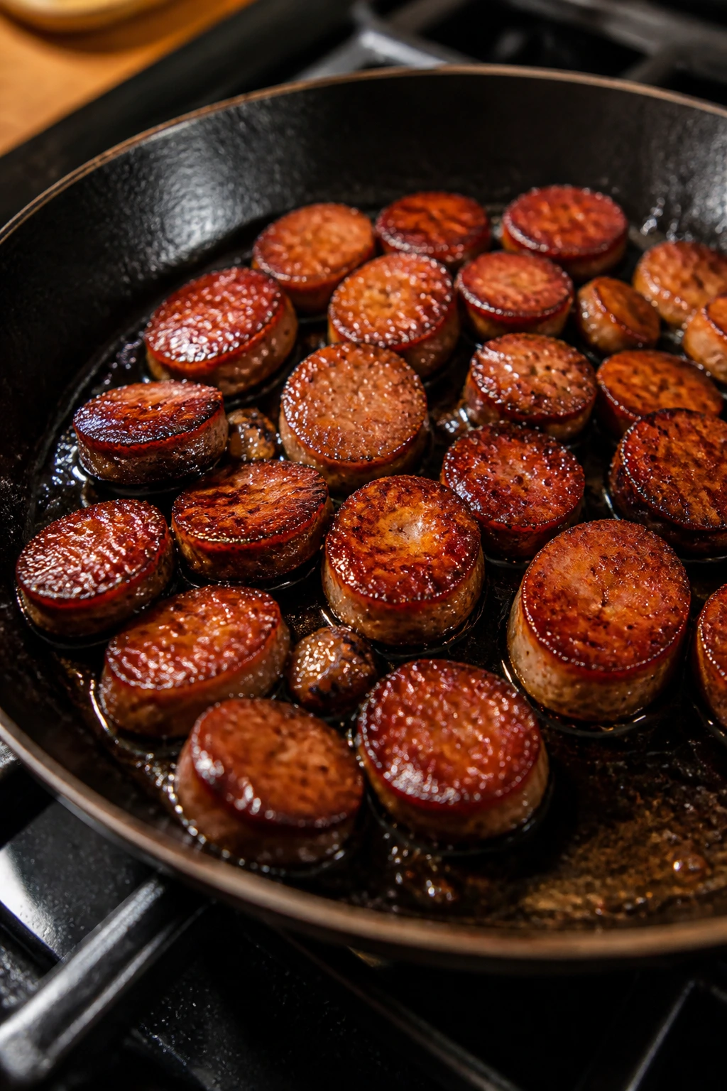 Sausage browning on stovetop with glossy glaze