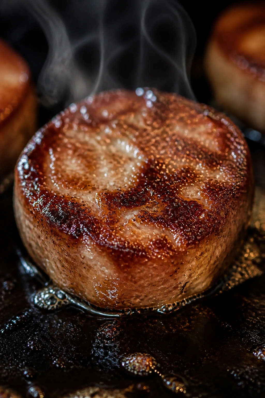 Thick browned sausage coin with crisp edge and juicy center