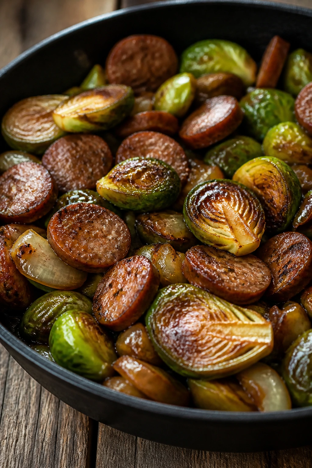 Close-up of sausage with Brussels sprouts skillet and balsamic glaze