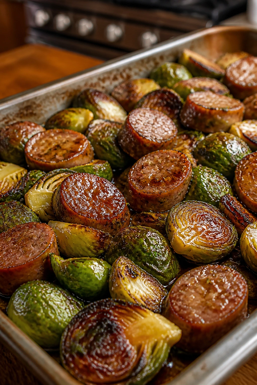 Roasted sausage with Brussels sprouts and amber glaze on a sheet pan in a bright kitchen