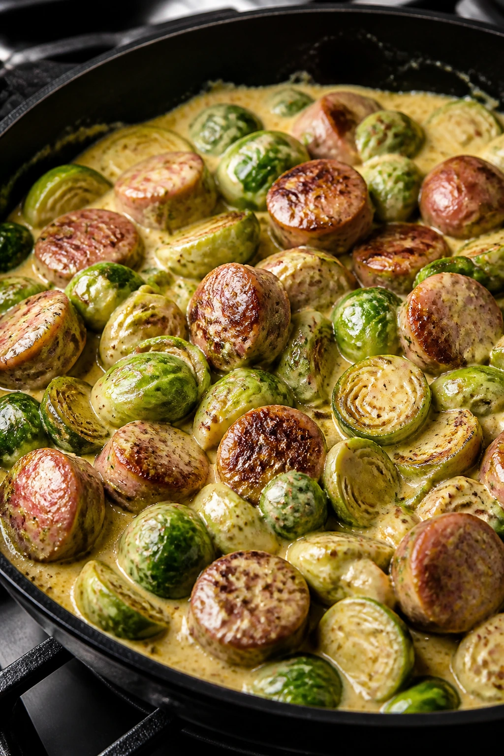 Sausage and Brussels Sprouts in Mustard Cream in skillet