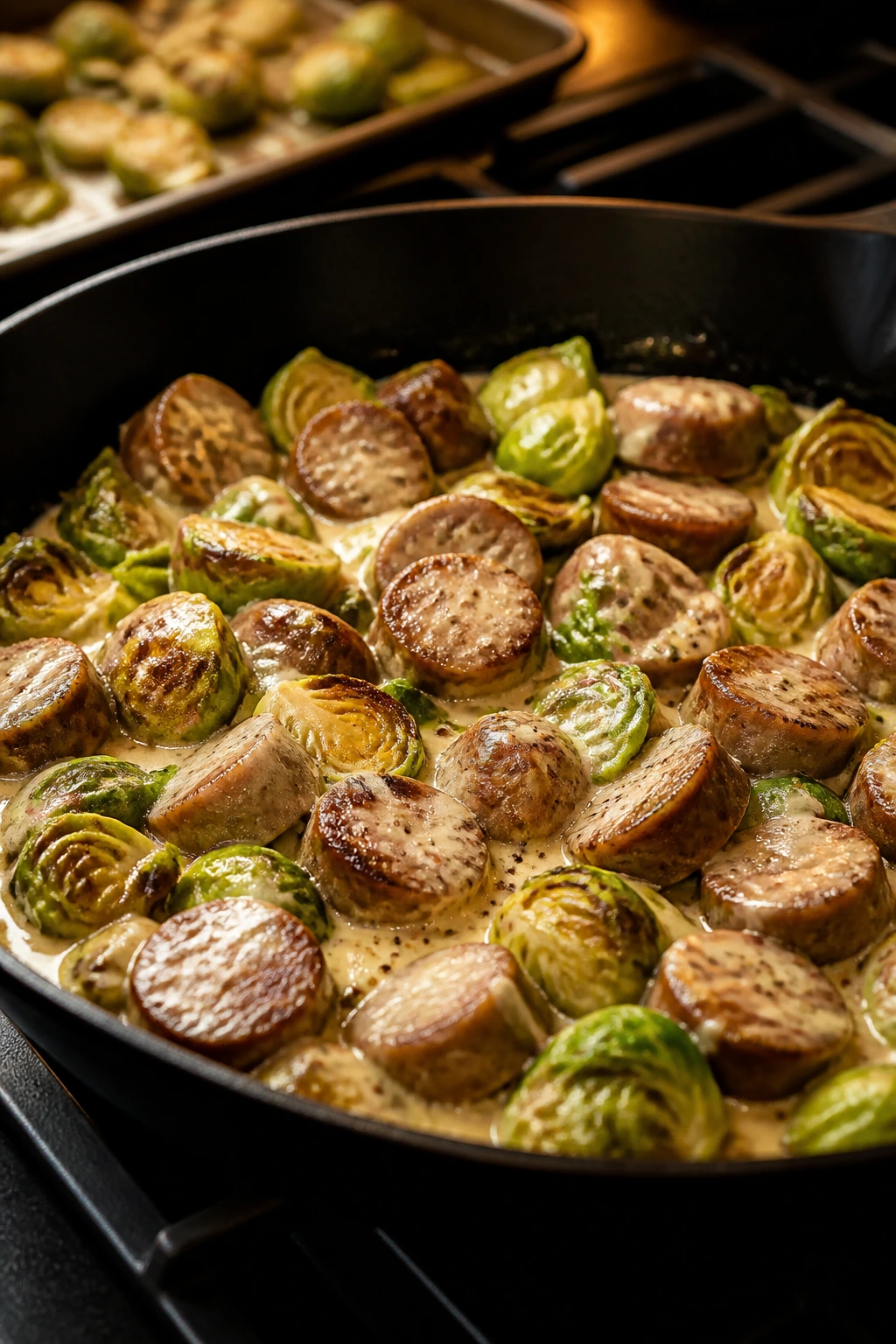 Sausage and Brussels sprouts with mustard cream close-up in skillet