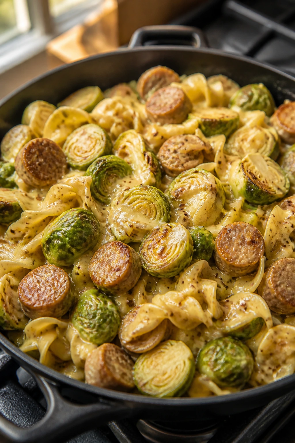 Sausage Brussels sprouts egg noodles with mustard