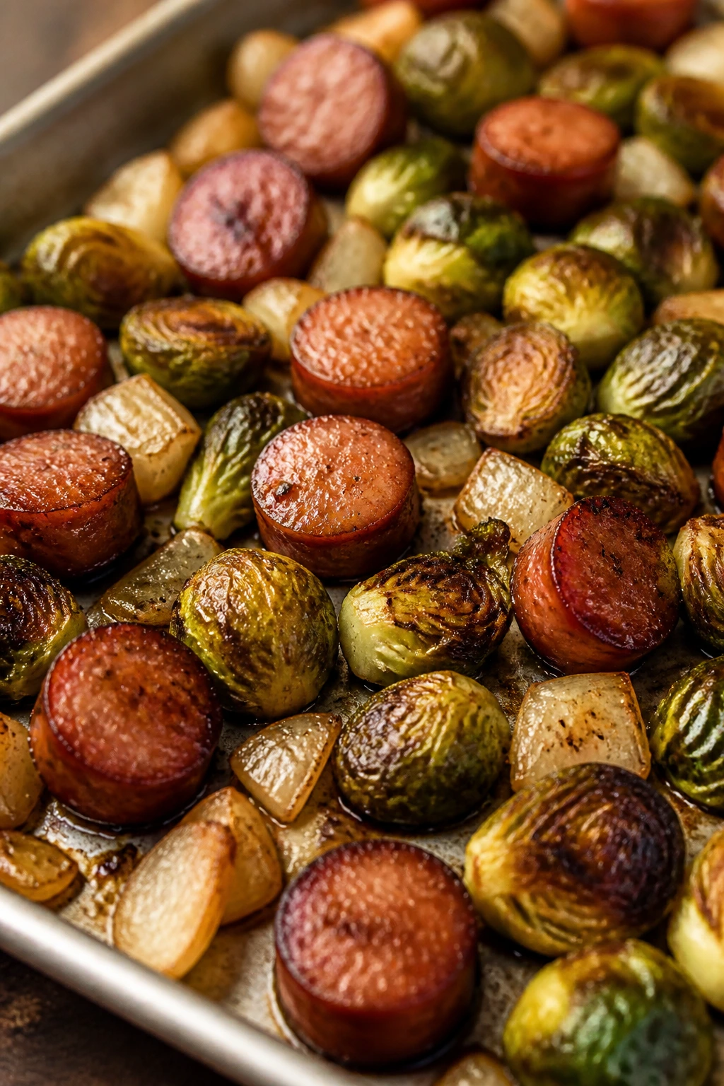 Sausage slices with Brussels sprouts and onion on a roasting sheet