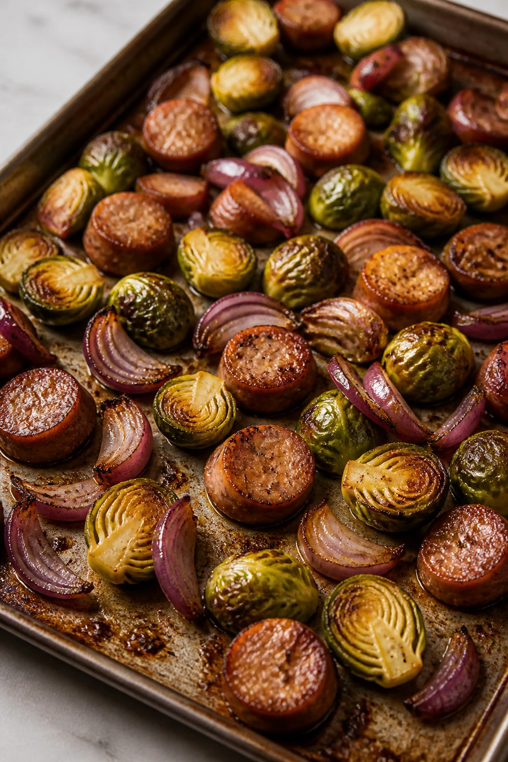 Close-up of sausage and Brussels sprouts on a sheet pan
