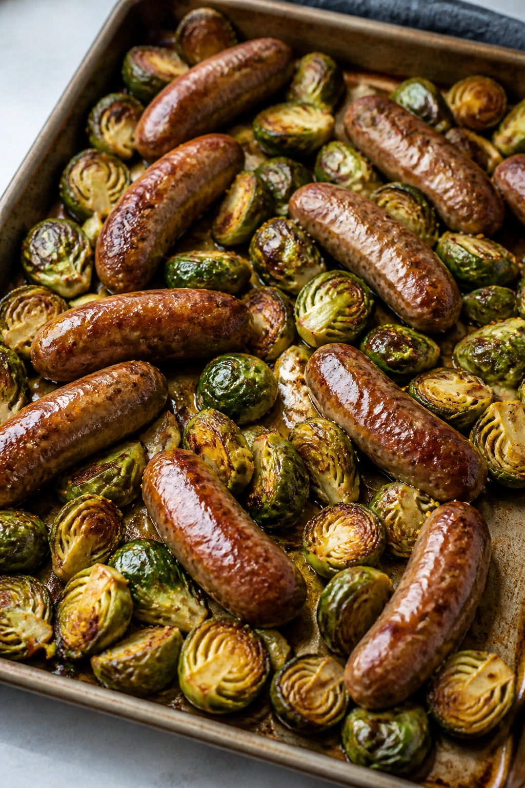 Sheet-pan sausage and Brussels sprouts with mustard glaze on a pan