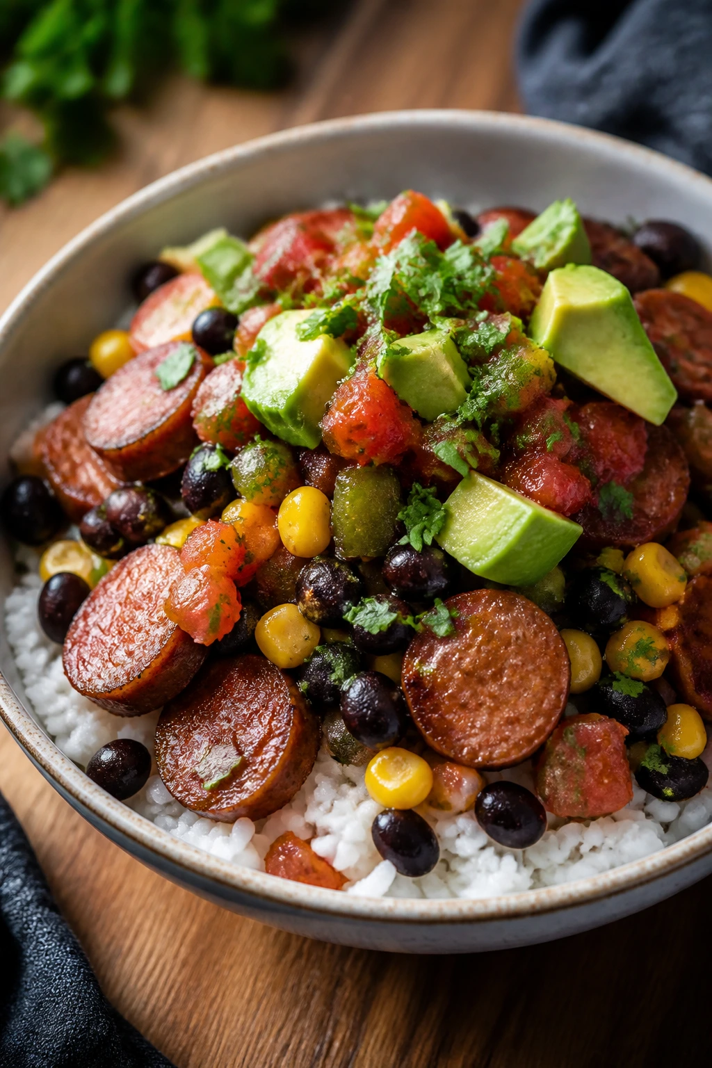 Colorful burrito bowl with rice, beans, corn, salsa, sausage and avocado