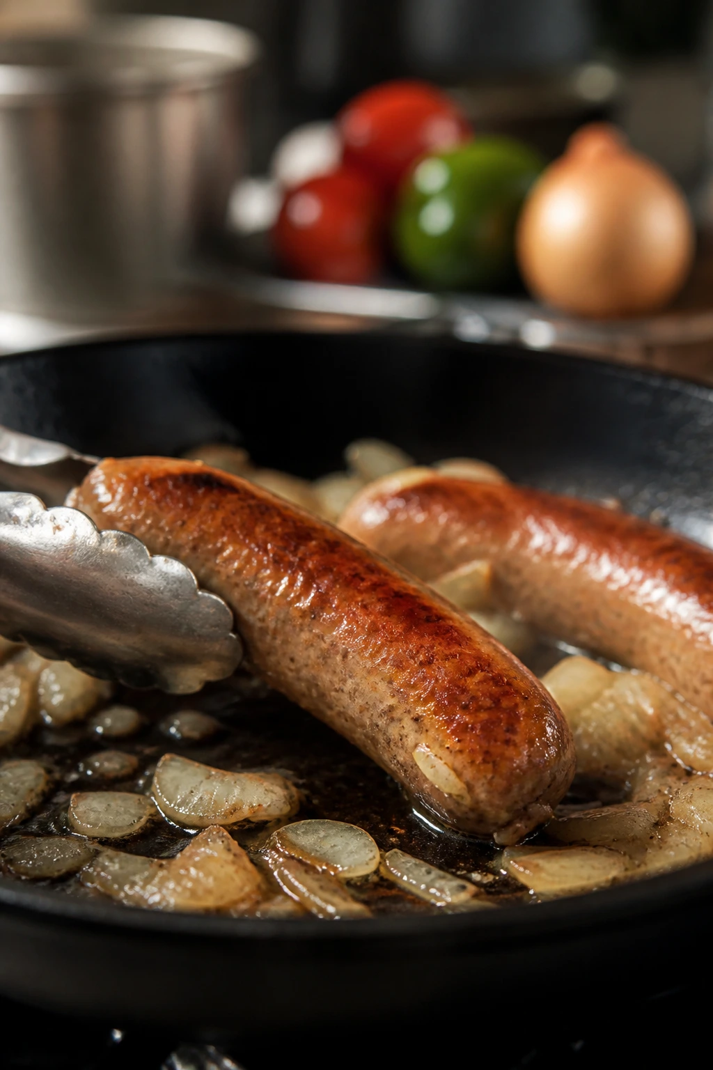 Sausage browning in a pan with onions in a kitchen