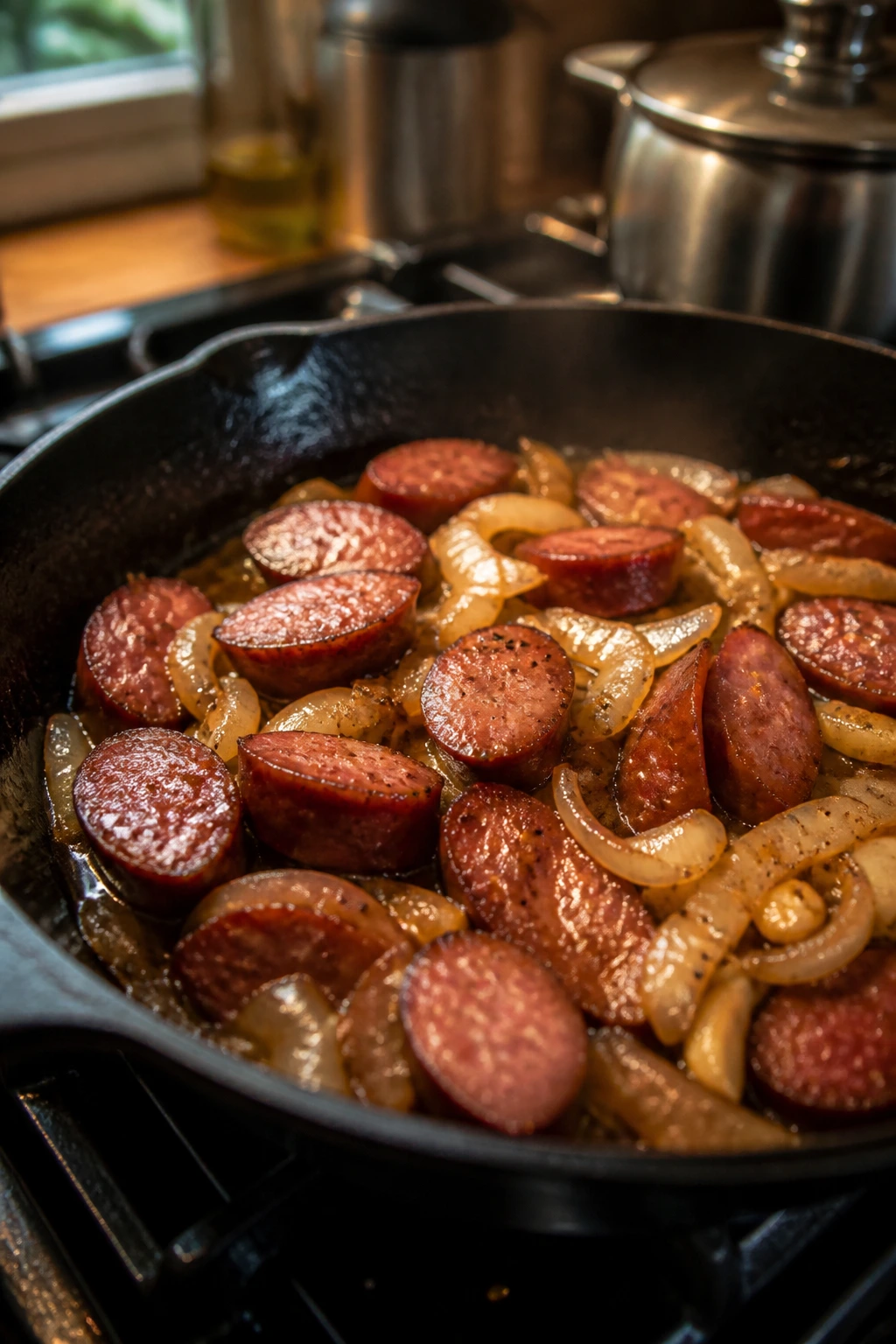 Sausage browning in a skillet with onions for a quick weeknight dinner