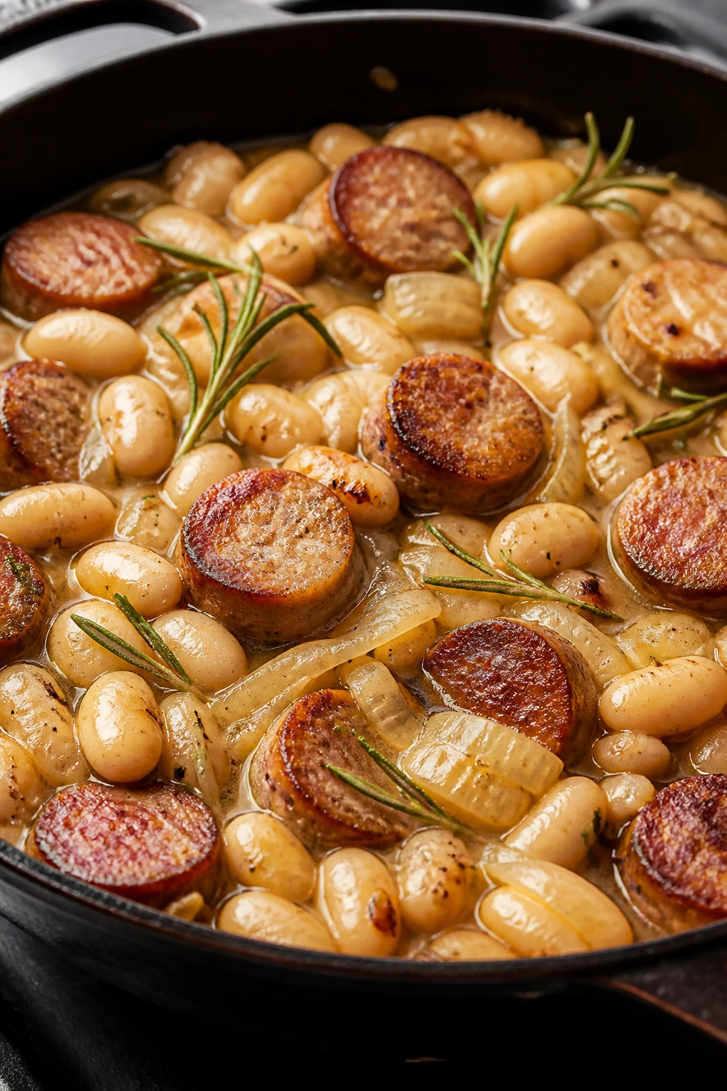 Butter beans and sausage with rosemary in a skillet
