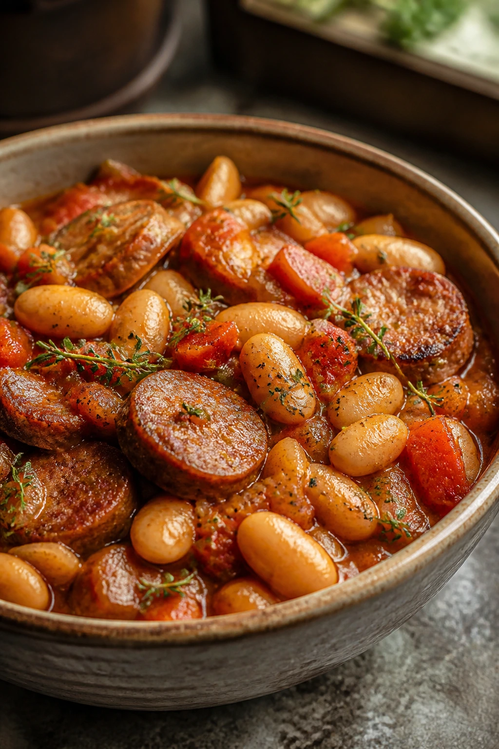 Close-up of sausage, butter beans and tomatoes in a herb-infused sauce