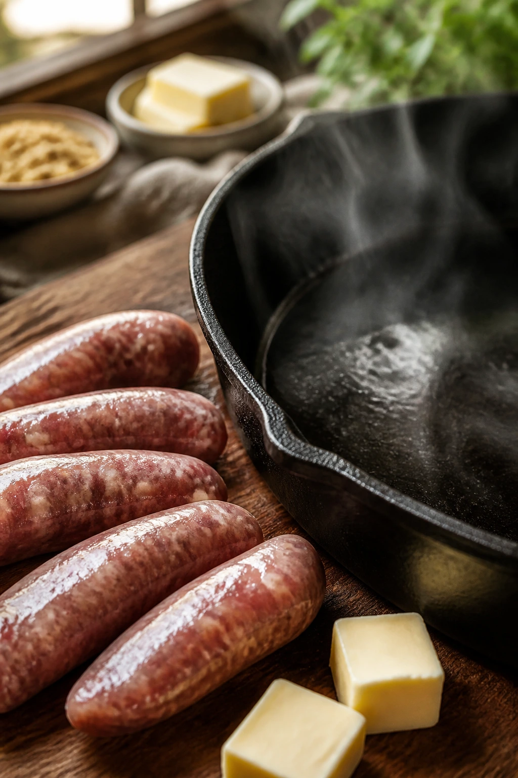 Close-up of raw sausage and butter around a skillet ready to go