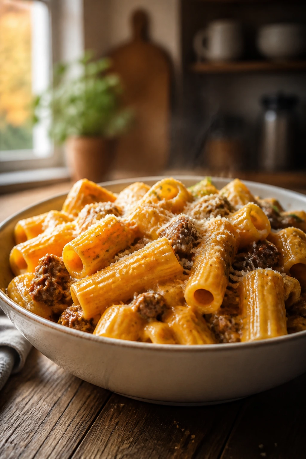 Steaming rigatoni pasta with sausage and squash sauce in a bowl