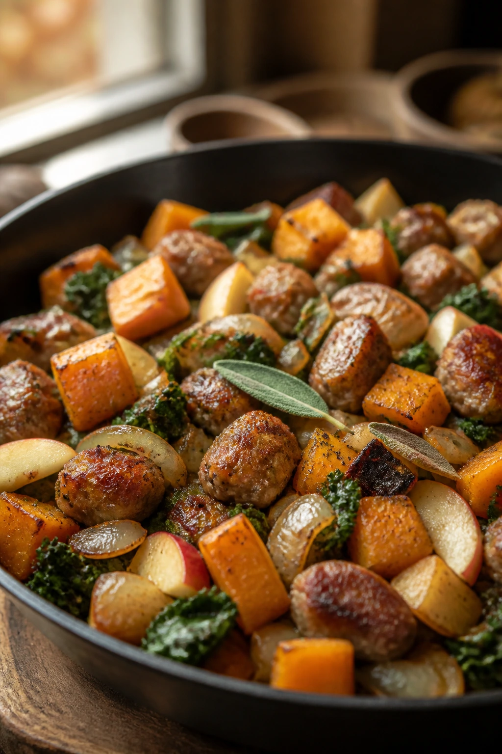 Close-up of sausage and butternut squash skillet with kale and sage