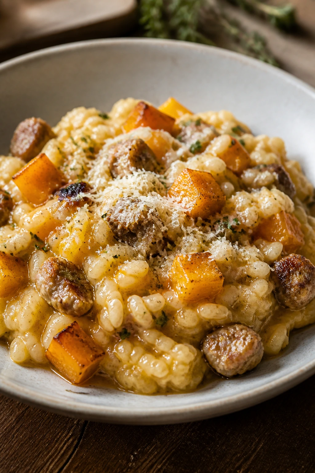 Creamy sausage and butternut squash risotto in a shallow bowl.