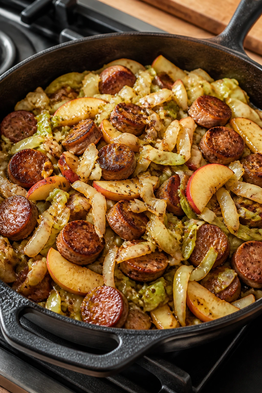 Skillet with sausage, cabbage ribbons, and apple slices in glaze