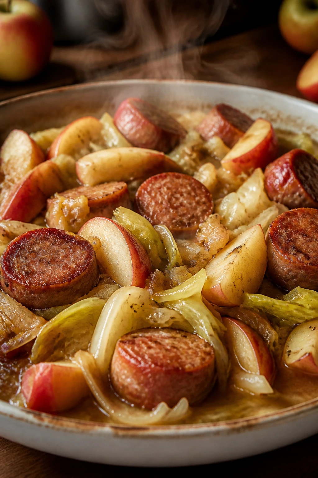 Plate of sausage, cabbage, and apples in savory broth