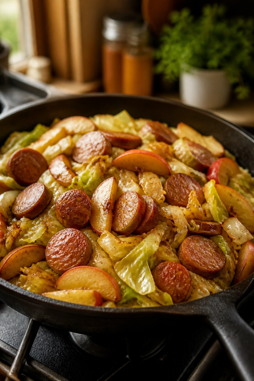 Sausage with cabbage and apples in skillet