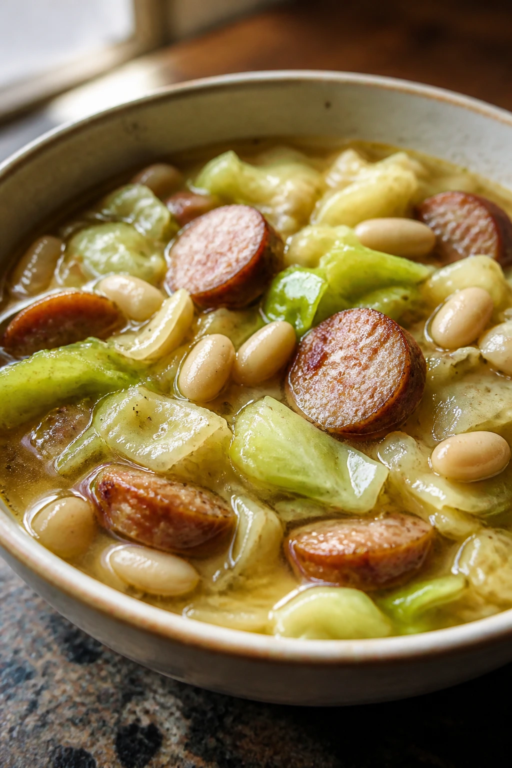 Close-up of hearty sausage cabbage bean soup in a bowl.