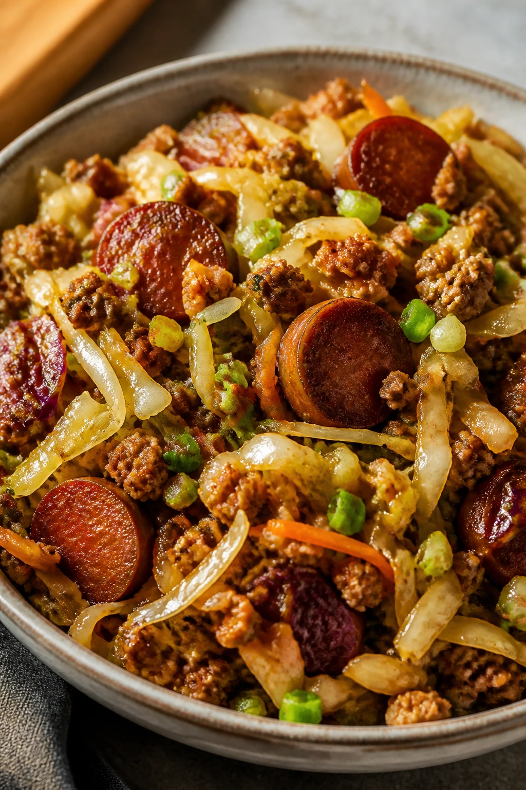 Close-up of smoked sausage with cabbage in a bowl