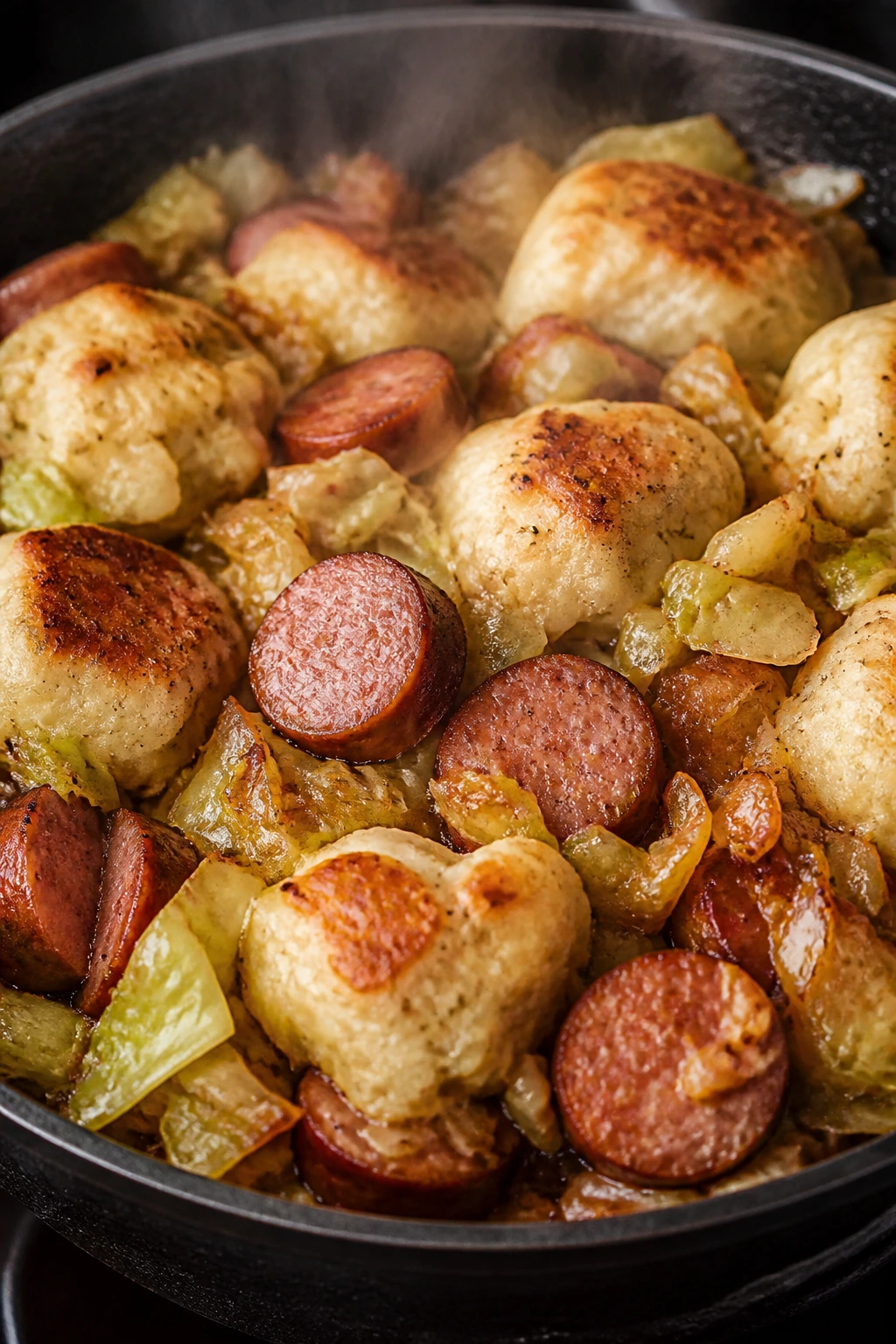 Skillet with fried cabbage, sausage, and dumplings